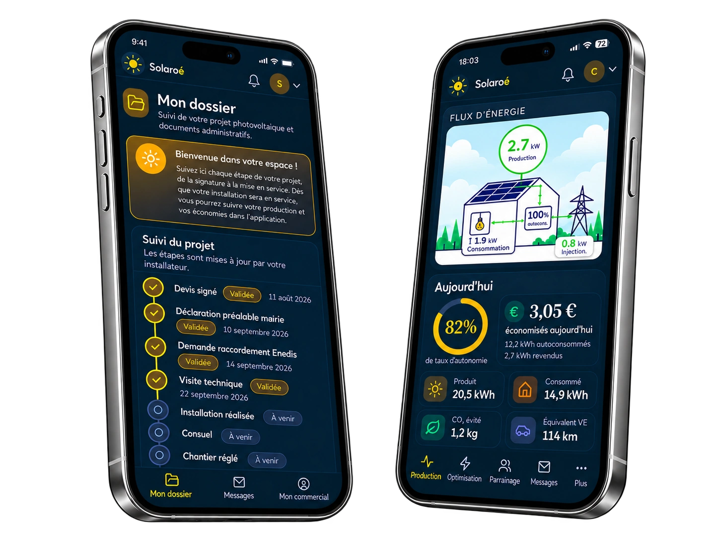 Application client : suivi du dossier d'installation et flux d'énergie en temps réel