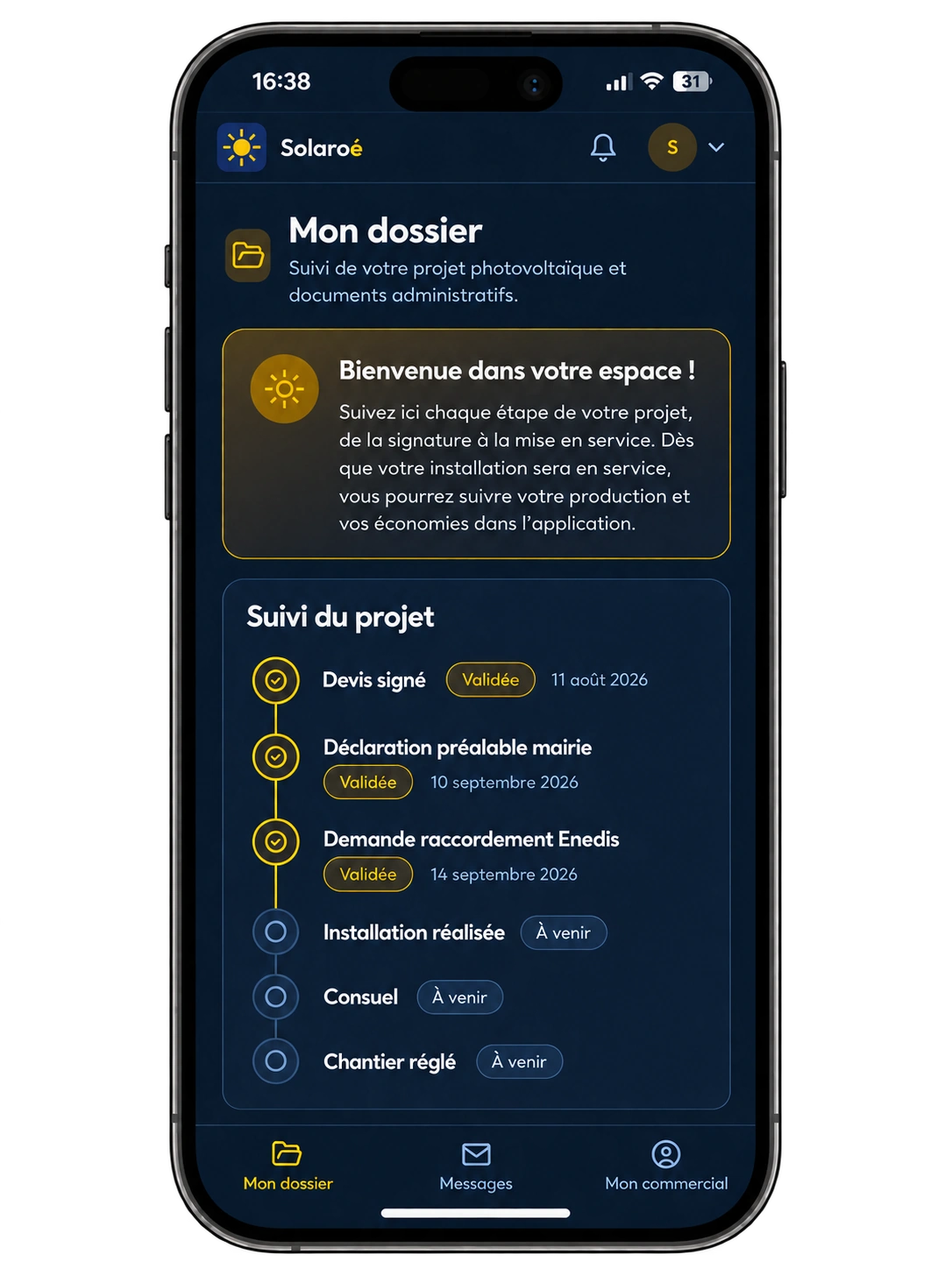 Écran Mon dossier : étapes du chantier photovoltaïque